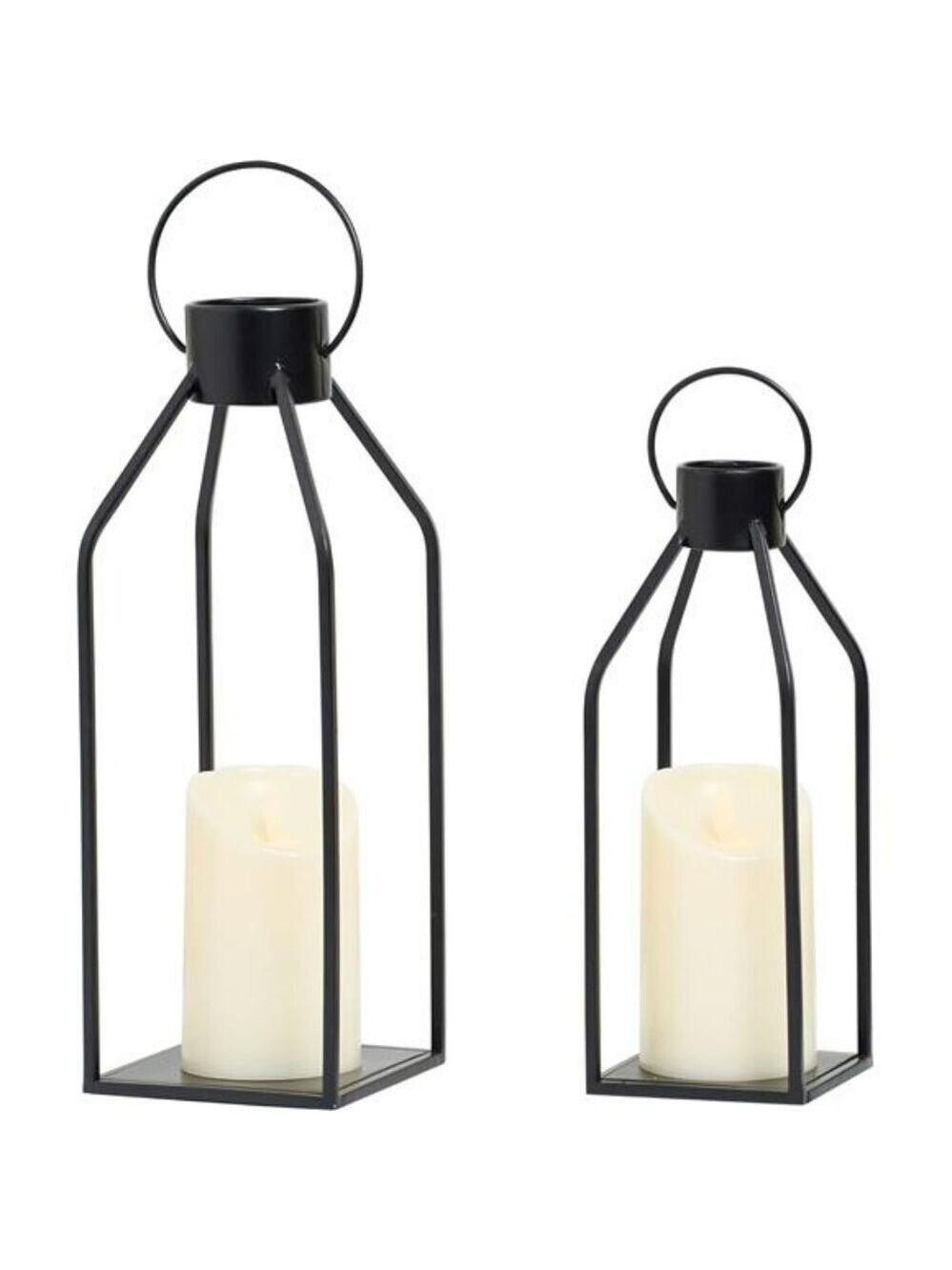 Black Metal Candle Lantern Set Farmhouse Decor with Timer for Table Fireplace